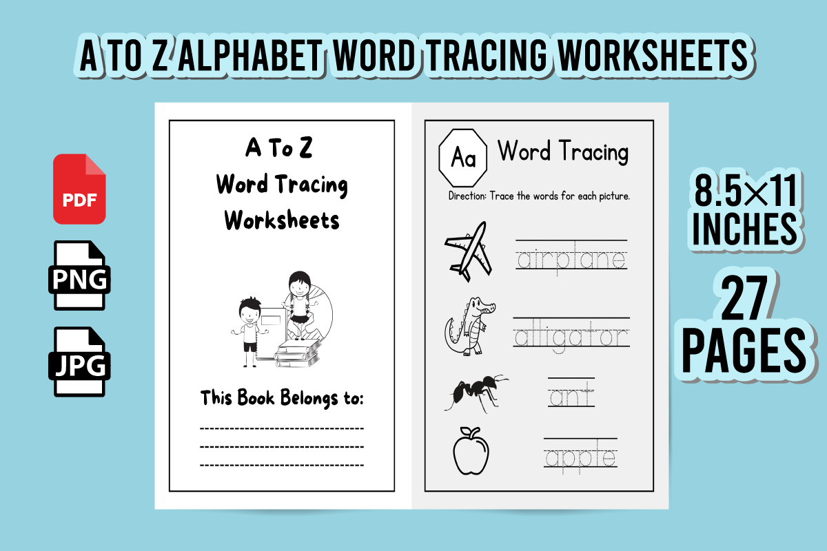 A to Z Alphabet Word Tracing Worksheets Graphic by MH Creation House ...