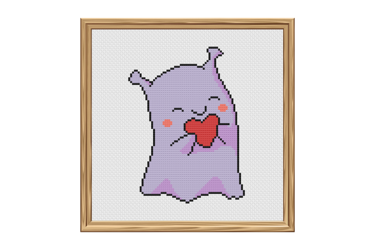 Kawaii Alien Holding a Heart Cross Stitch Pattern