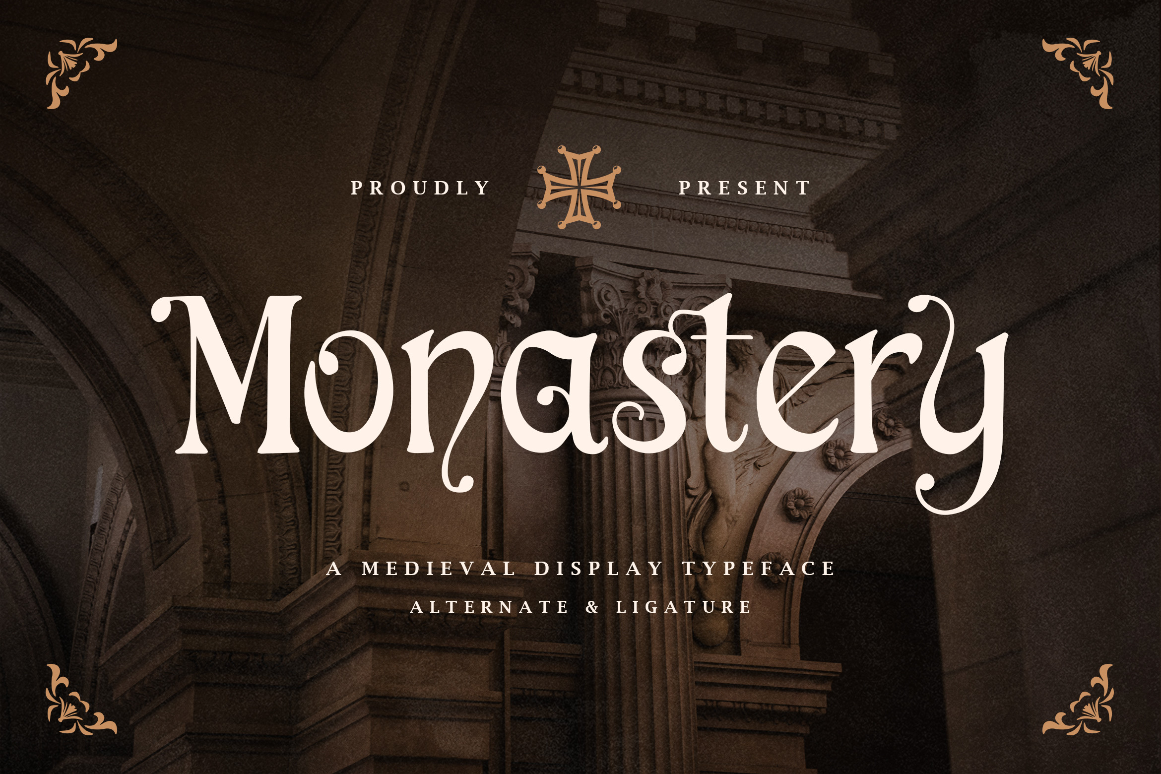 Monastery font preview, bold gothic typeface with monastic character
