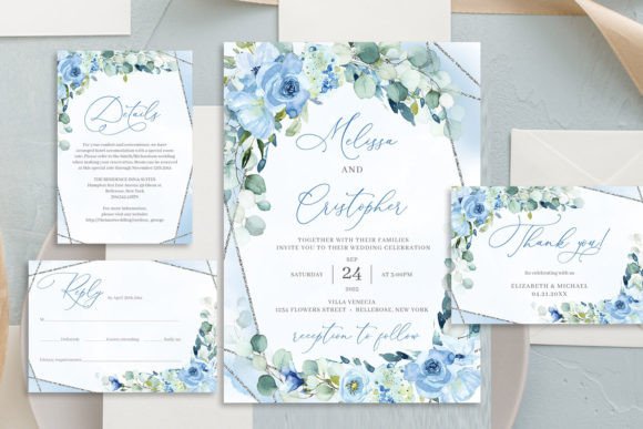 Dusty Blue Floral Wedding Invitation Set