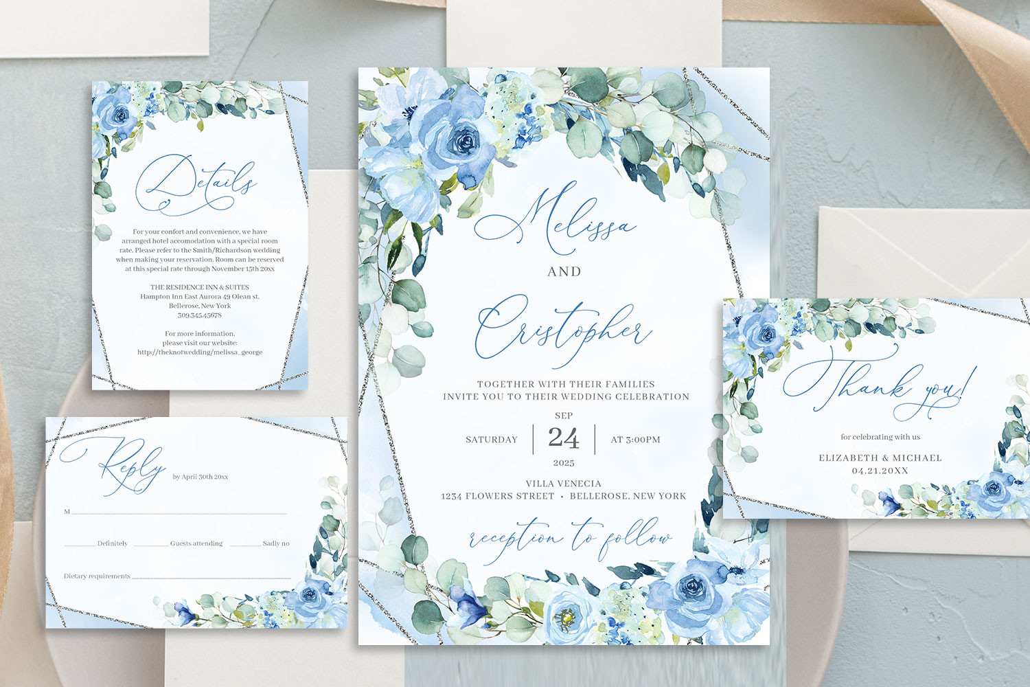 Dusty Blue Floral Wedding Invitation Set