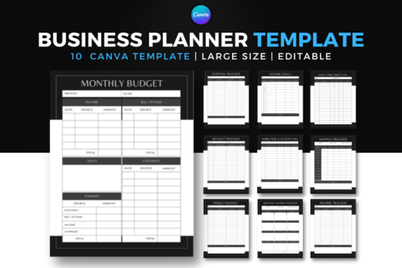 Business and budget planner Canva template with income and expense tracking