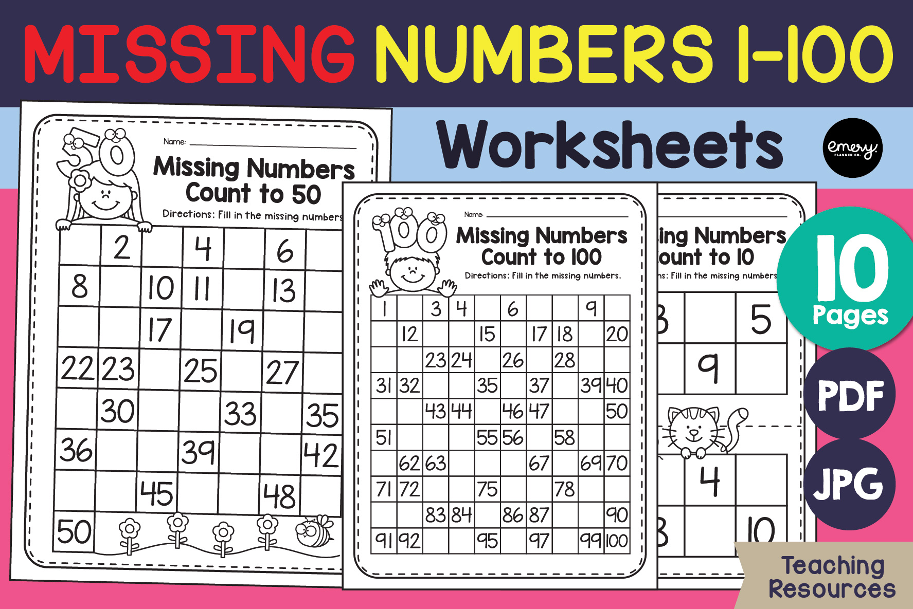 Fill in the Missing Number Worksheets