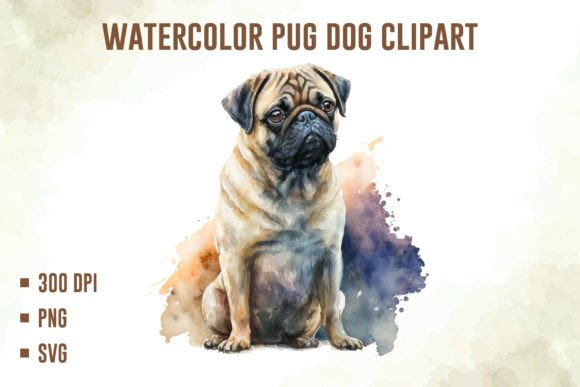 Watercolor pug dog clipart PNG set traced for single-color vinyl tumbler decals and Glowforge