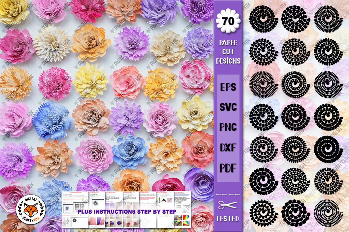 Rolled Flowers 3D Paper Flowers Bundle 70 designs SVG DXF EPS Cricut