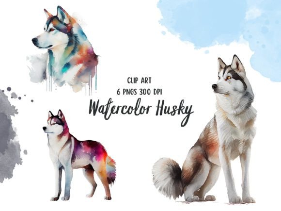 Watercolor husky clip art 6-piece PNG set for sublimation tumbler mug and tote Cricut crafts