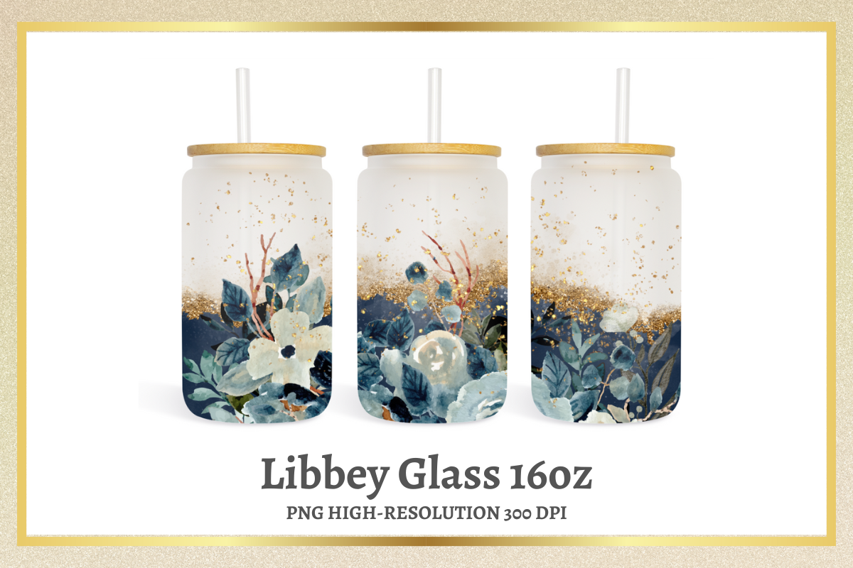 Watercolor Blue Flowers 16oz Libbey Can Graphic by sasikharn · Creative ...