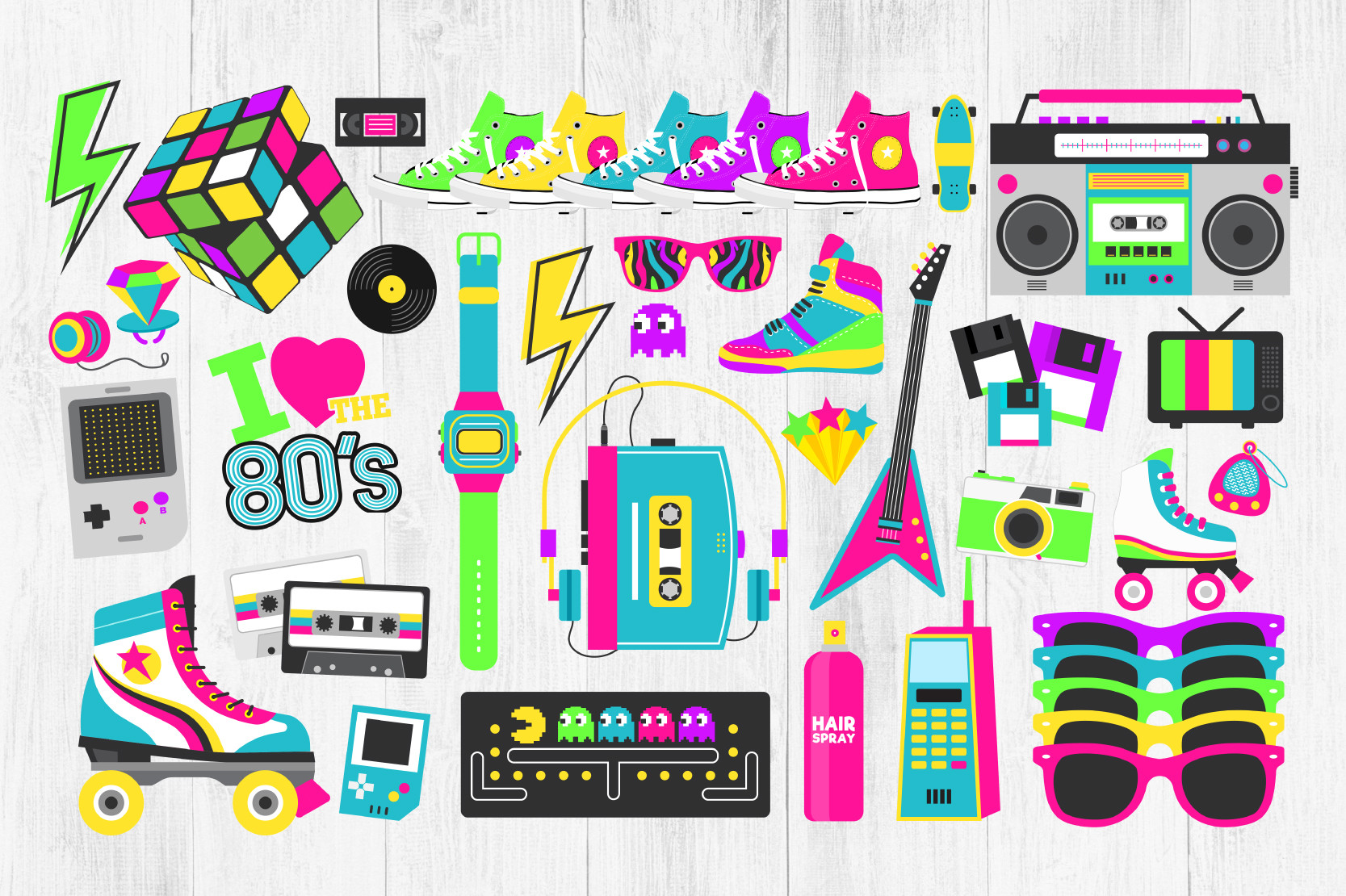 80s Clipart, Neon 80s Clipart Bundle