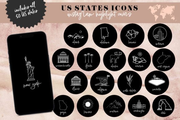 50 US States Black & White Travel Highlight Icons