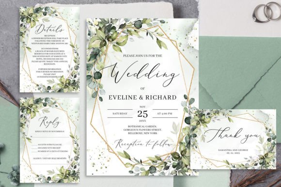 Greenery and Gold Frame Wedding Invite