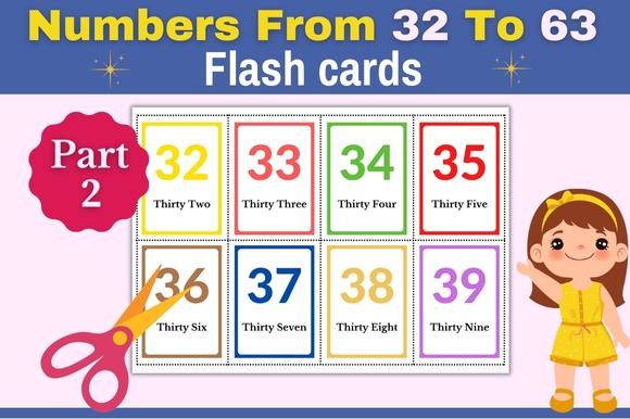 Colorful Number Flashcards 32-63 for Learning Numbers