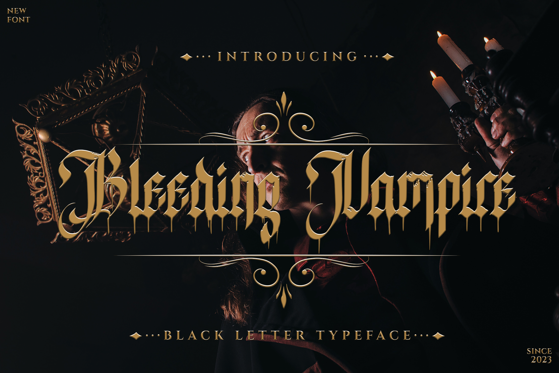 Bleeding Vampire font preview, dripping horror-style gothic font