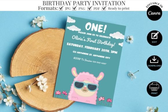 Llama first birthday party invitation with a cheerful animal theme