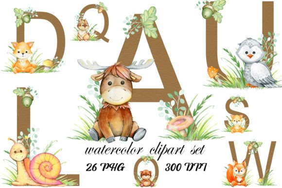 Woodland Watercolor Alphabet Clipart
