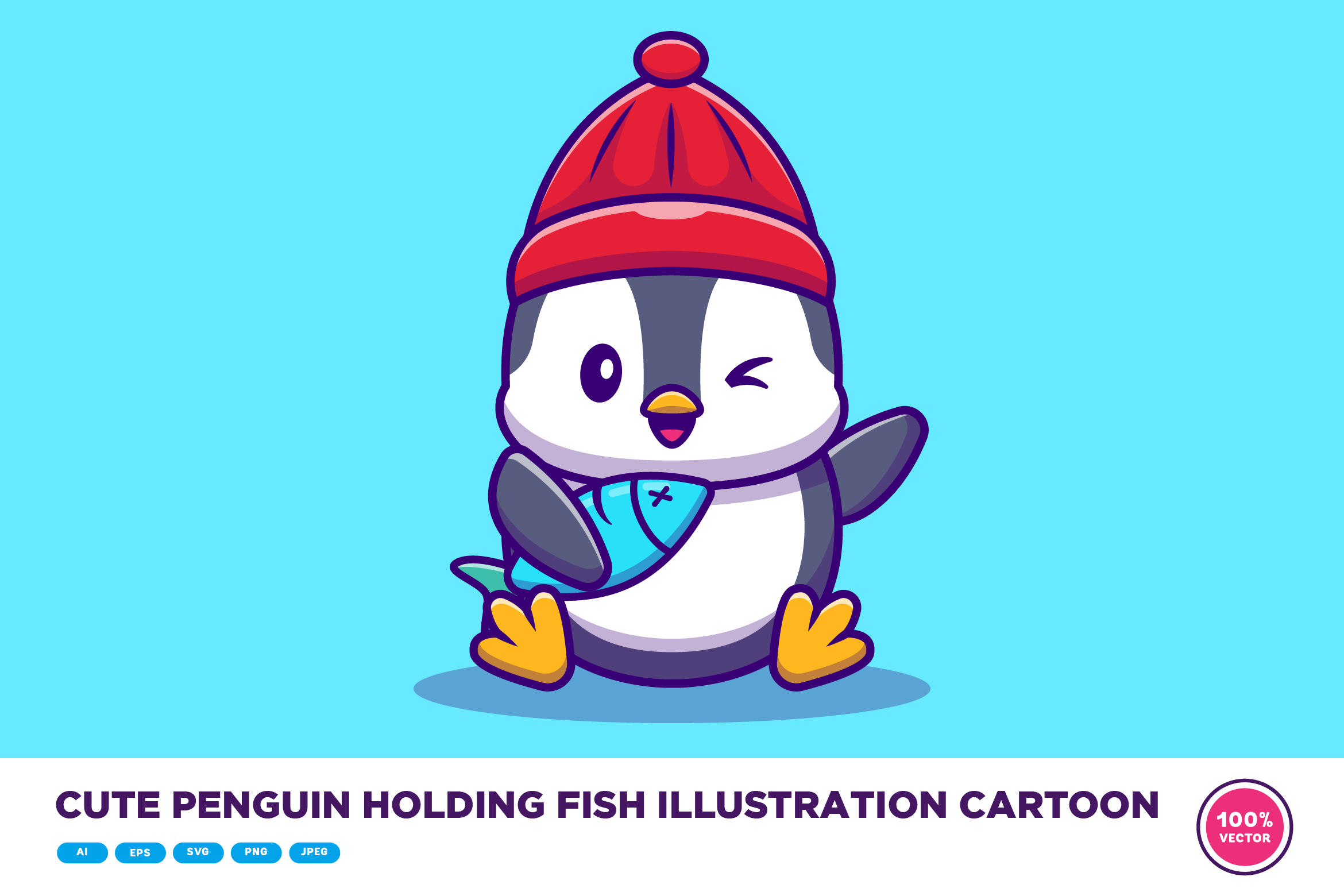 Cute Penguin Holding Fish Illustration Graphic by catalyststuff ...