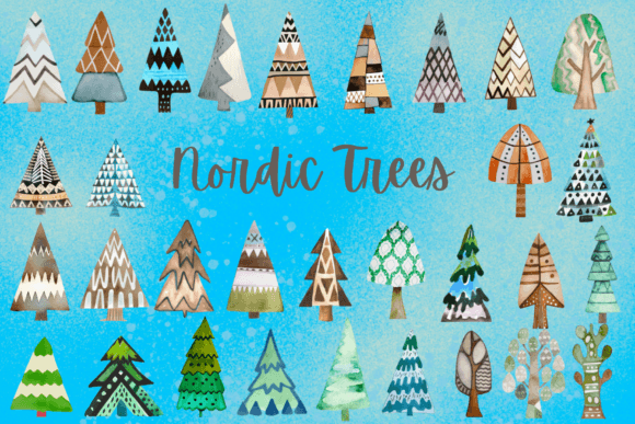 Watercolor Nordic Trees Clipart PNG