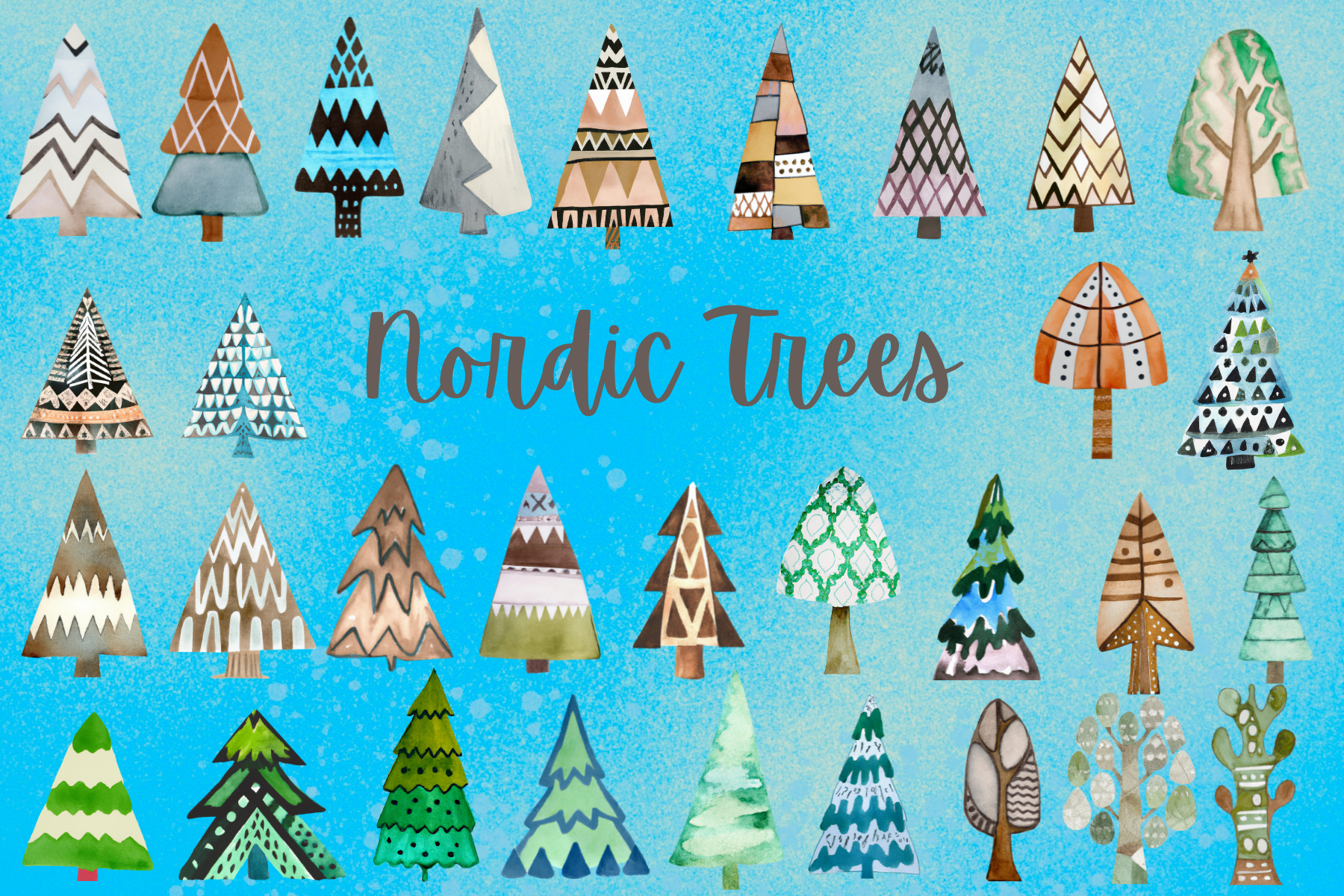 Watercolor Nordic Trees Clipart PNG