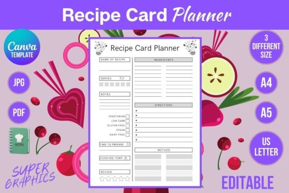 Recipe card planner Canva template in US Letter A4 and A5 sizes