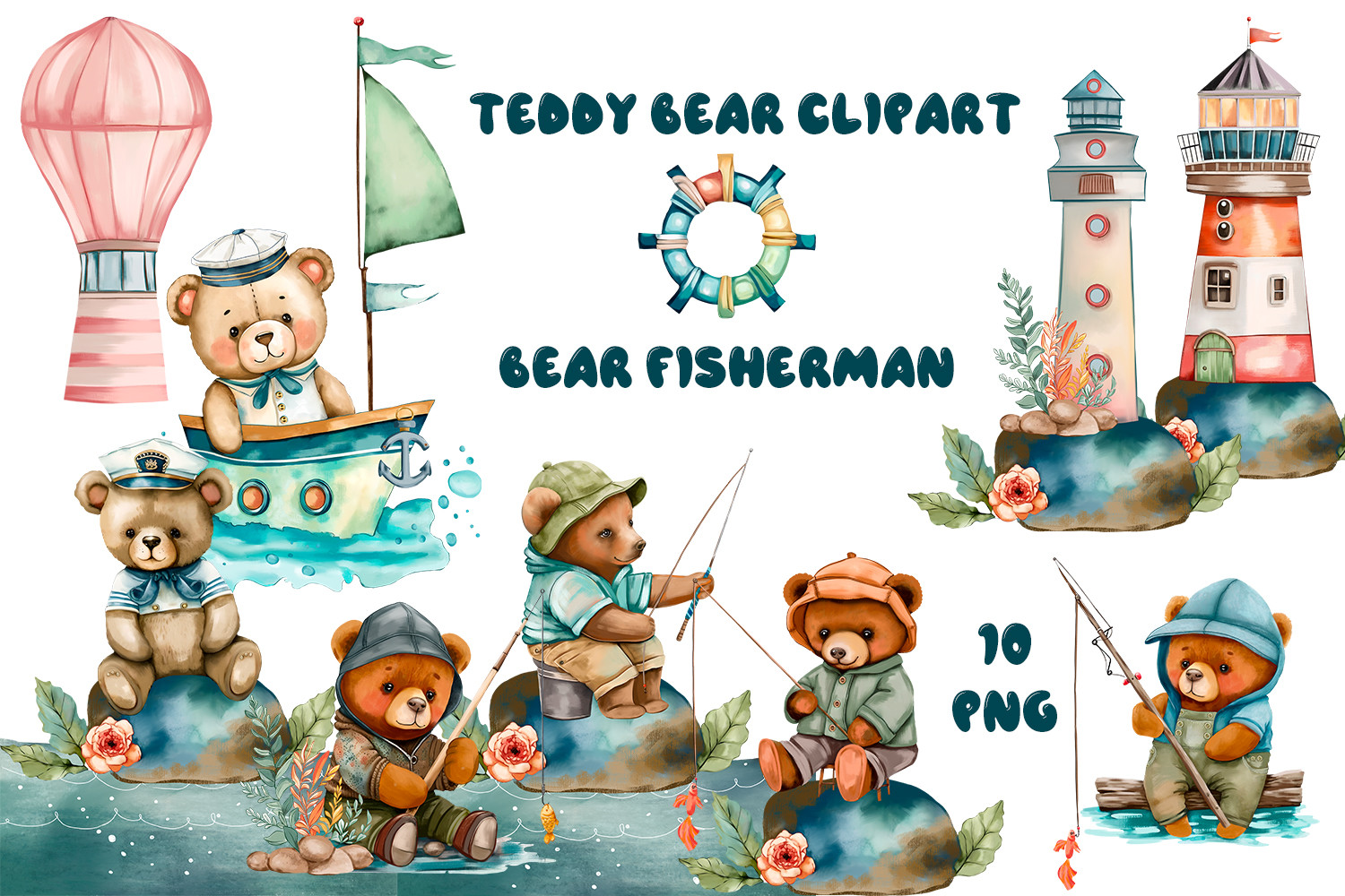 Nautical Watercolor Clipart. Cute Teddy - photo 1