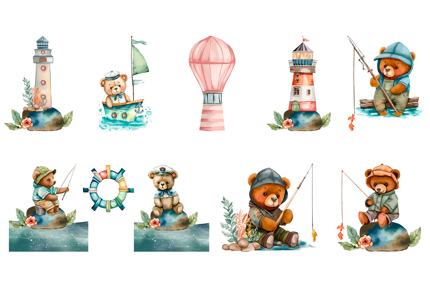Nautical Watercolor Clipart. Cute Teddy - photo 2