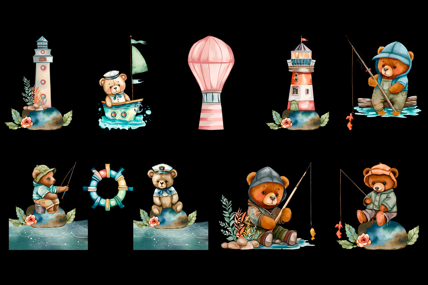 Nautical Watercolor Clipart. Cute Teddy - photo 3