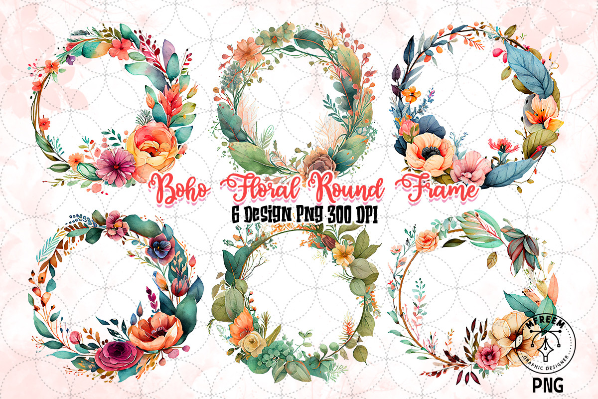 Boho Floral Round Frame Watercolor Graphic by mfreem · Creative Fabrica