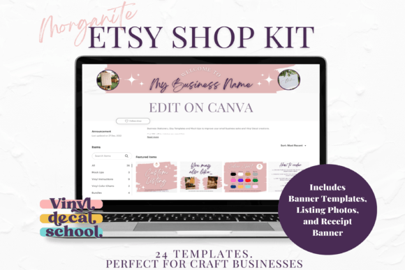 Editable Pink Shop Kit Canva Templates Gráfico Gráficos da loja Etsy Por vinyldecalschool