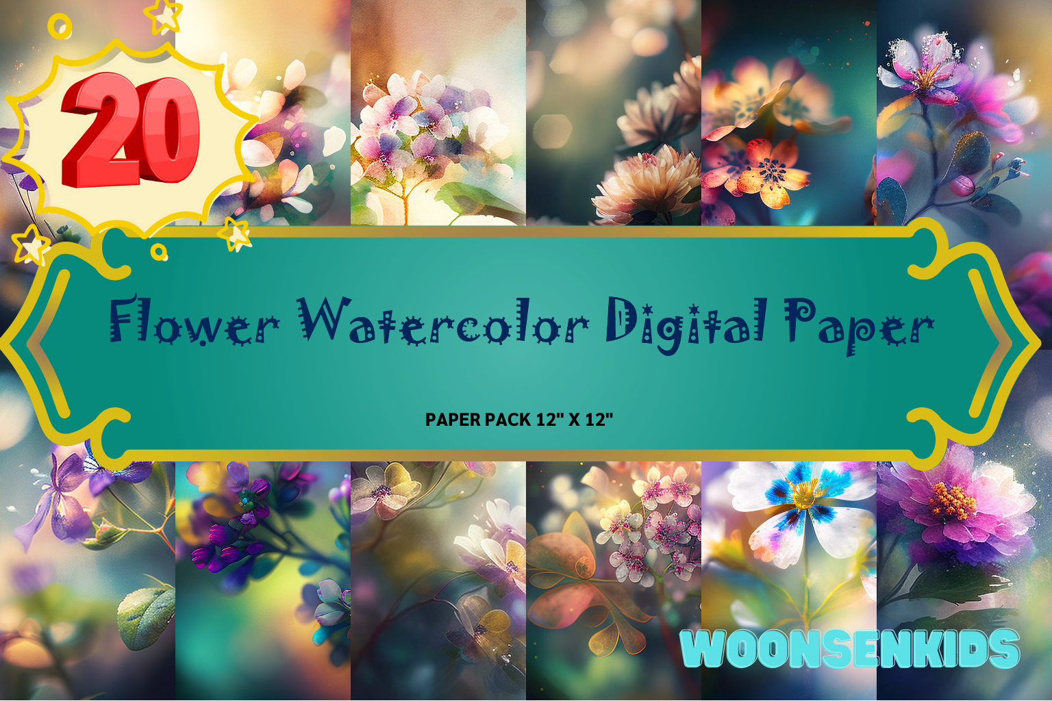 20 Flower Watercolor Digital Paper Png Kdp Digital Paper Graphic by ...