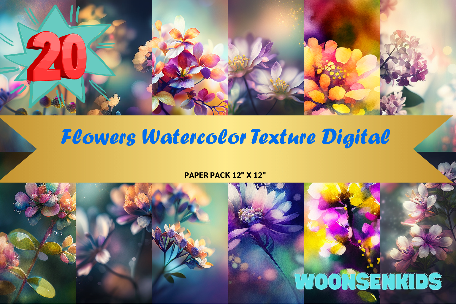 20 Flowers Watercolor Texture Digital Png Kdp Digital Paper Graphic by ...