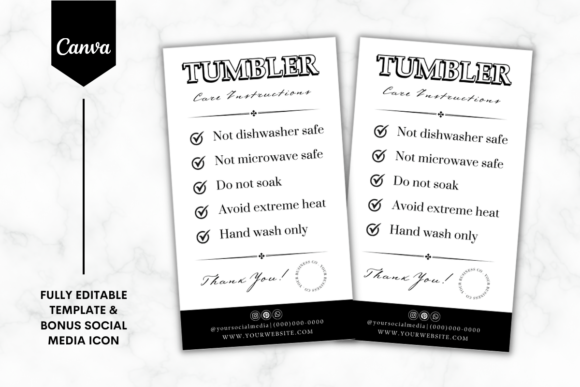Tumbler Care Card Canva Template B&W 1