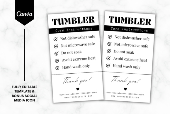 Tumbler Care Card Canva Template B&W 2