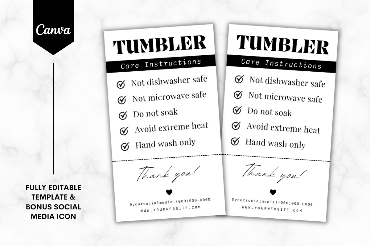Tumbler Care Card Canva Template B&W 2