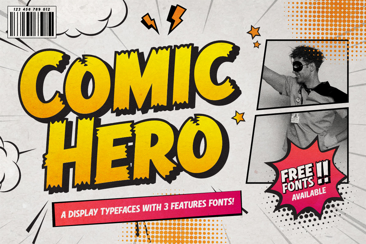 Comic Hero preview, a playful cartoon typeface with three styles