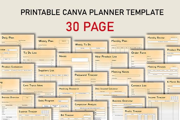 30 Page Printable Canva Planner Template with business and planning pages