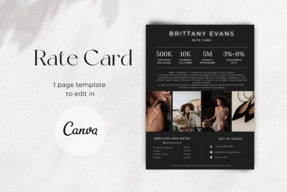 Black minimalist influencer rate card Canva design