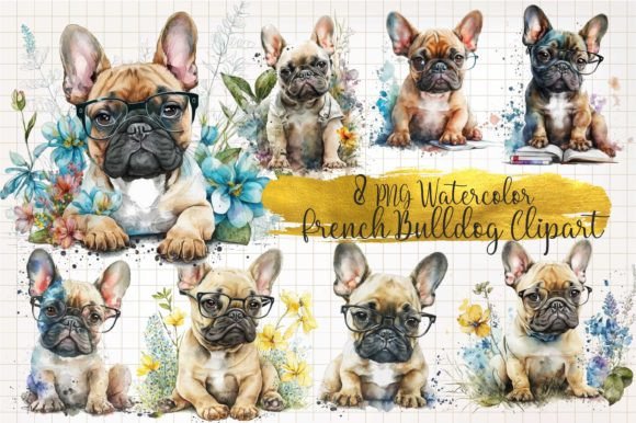 Soft watercolor French Bulldog sublimation PNG in blue and lilac tones for mugs