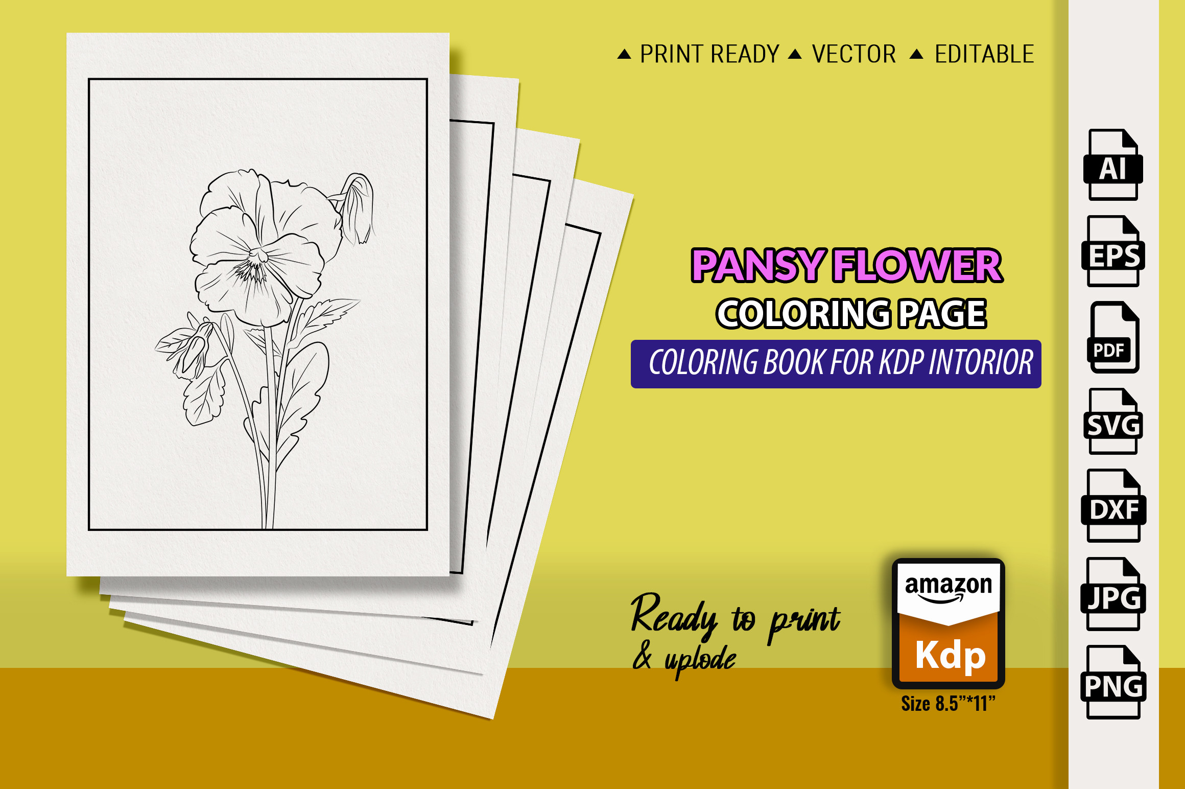 Realistic Pansy Flower Drawing, Pages