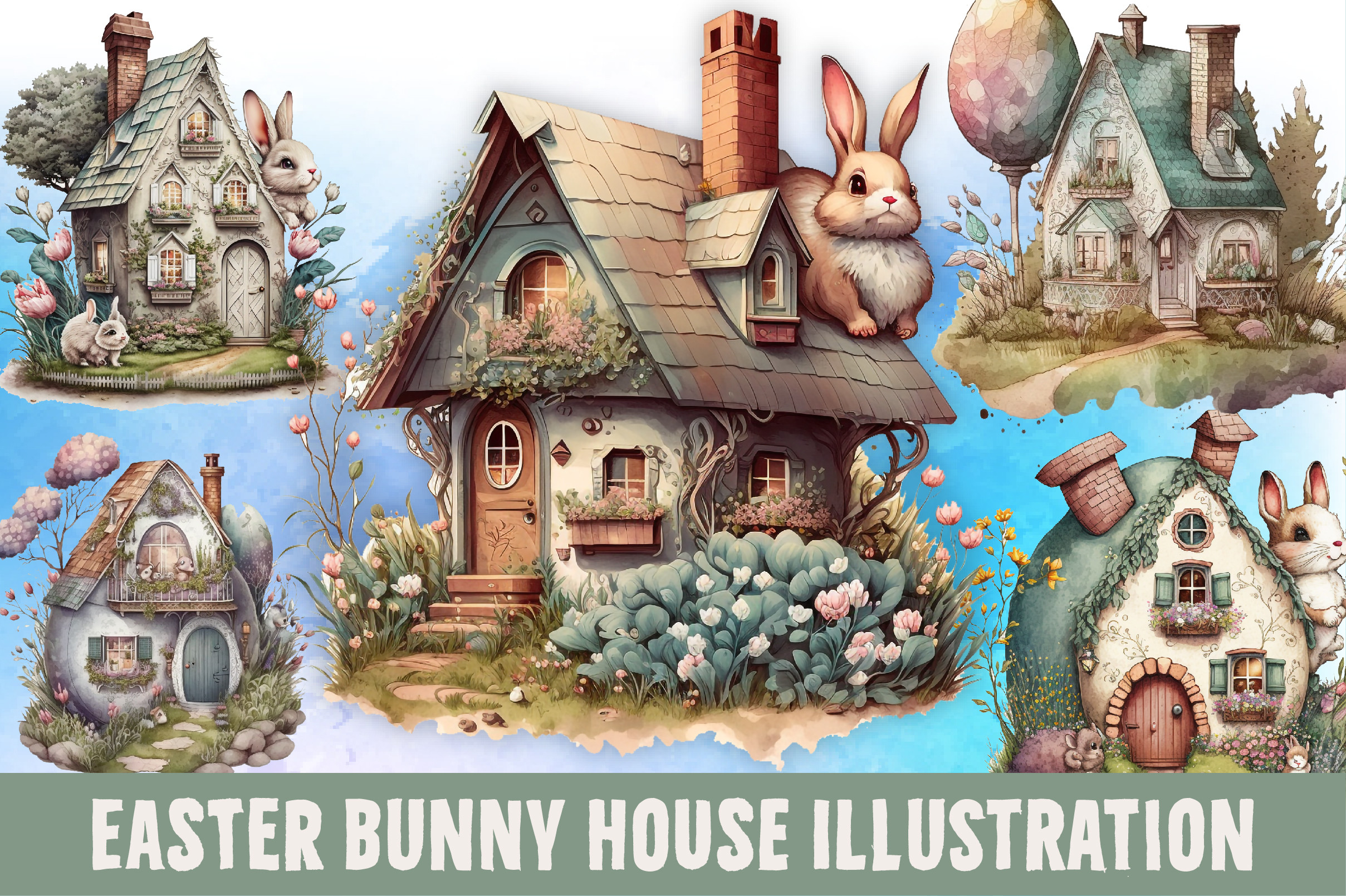 Easter Watercolor Bunny House Clipart Graphic by mirazooze · Creative ...