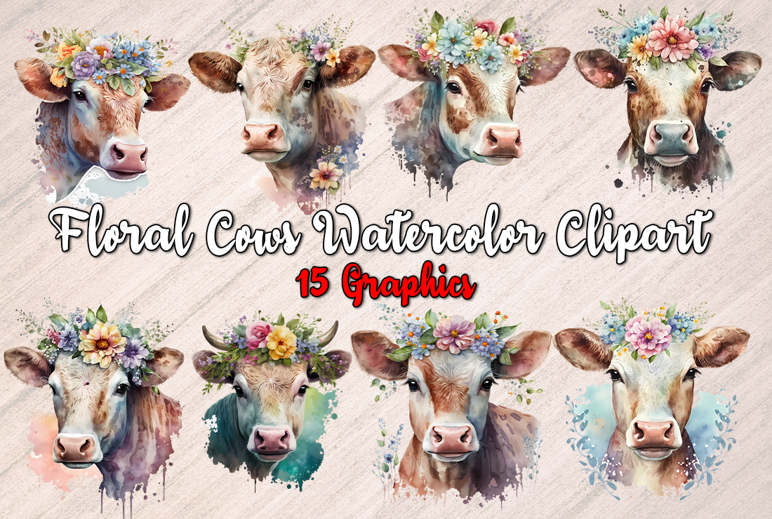Floral Cows Watercolor Clipart Graphic by Leaked Ink · Creative Fabrica