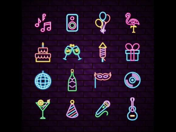 Birthday Neon Label Icons Set