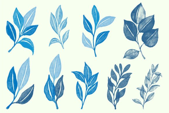 Blue Leaf with Watercolor Vector Set
