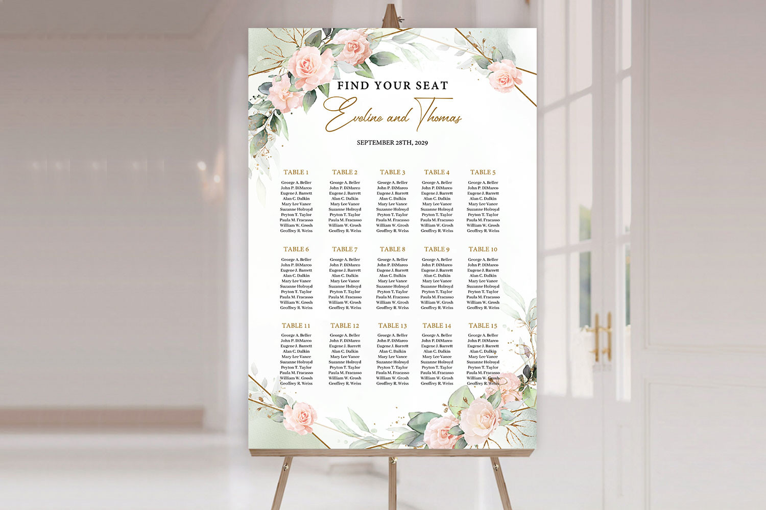 Blush pink flowers wedding seating chart