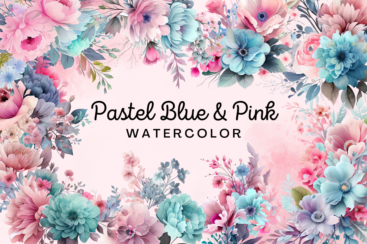 Pastel Blue & Pink Flowers Watercolor 2 Graphic by FOLV · Creative Fabrica