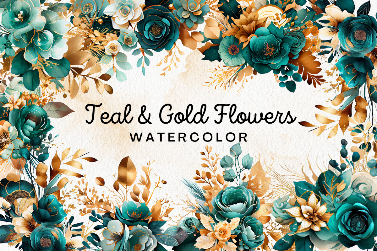 Teal & Gold Flowers Watercolor Clipart 2 Graphic by FOLV · Creative Fabrica