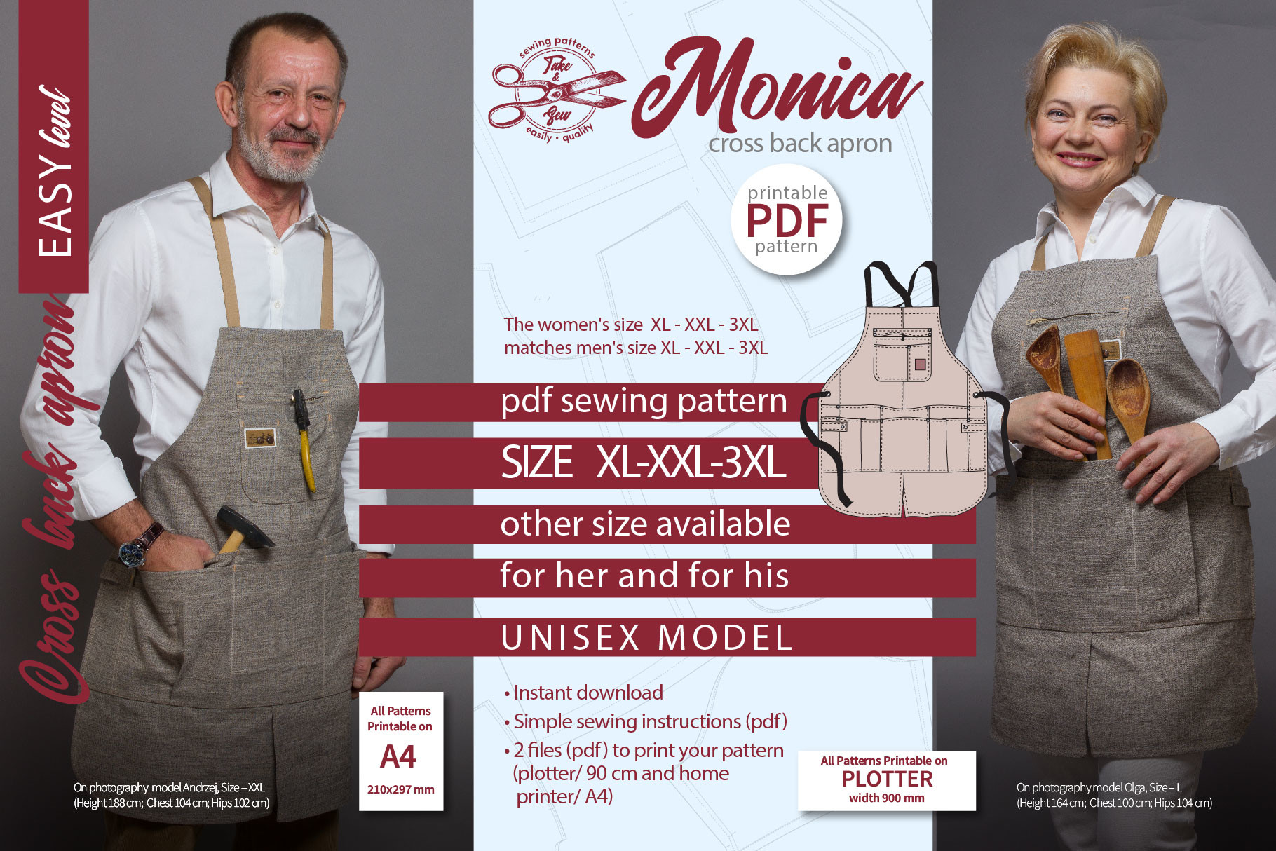 Cross Back Apron Sewing Pattern Size XL
