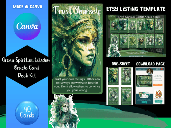 Green Wisdom Oracle Cards Canva Template