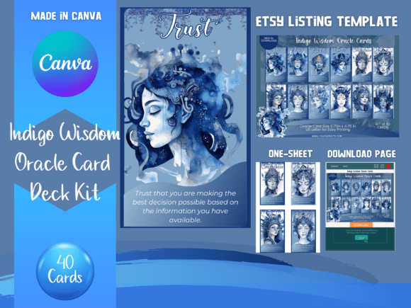 Indigo Wisdom Oracle Card Canva Template