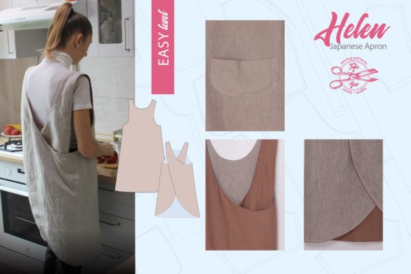Japanese apron PDF pattern design and finished apron inspiration