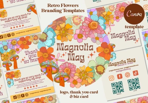 Retro Flower Branding Canva Templates Graphic Business Cards By deardarlingdesignstudio