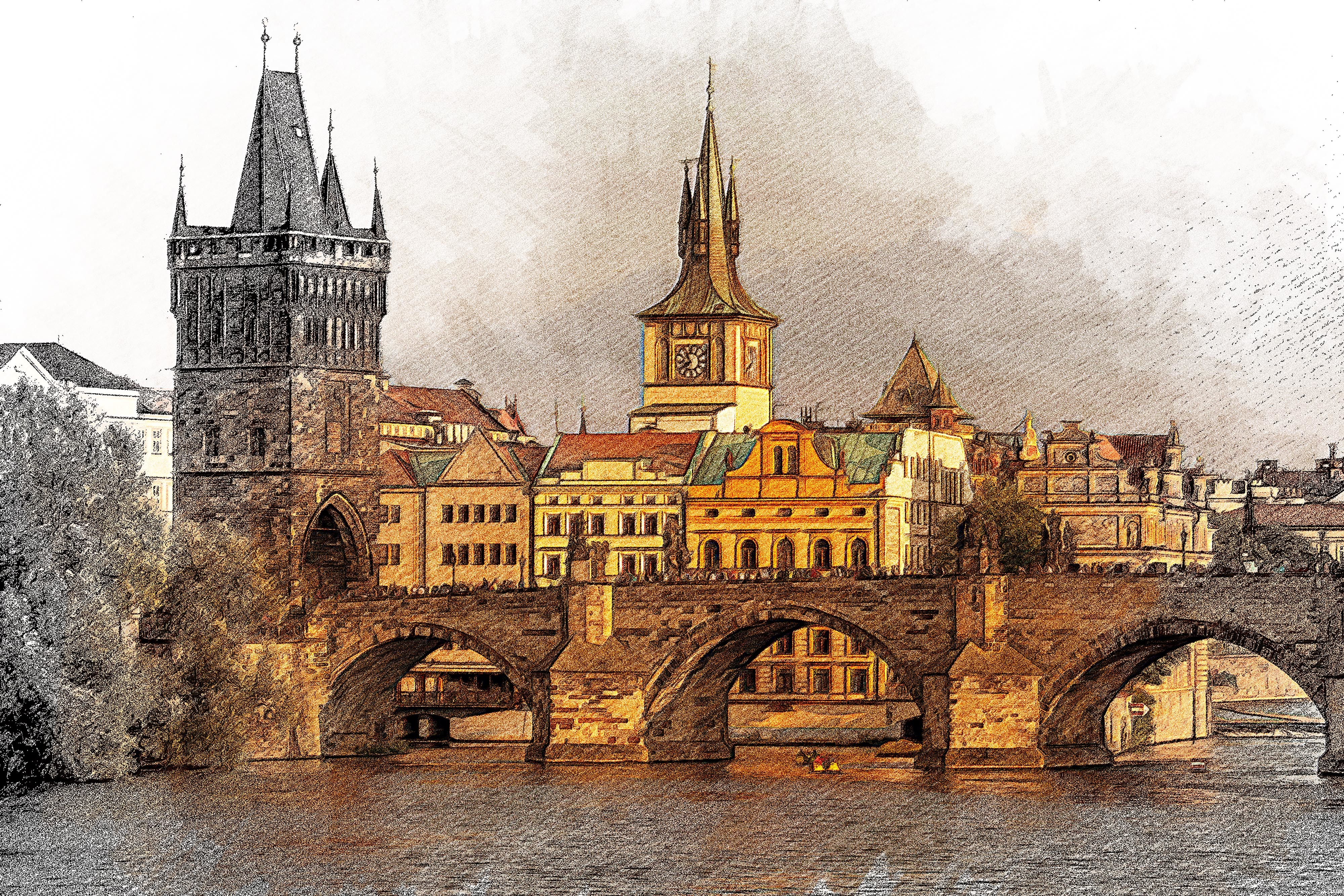 Charles Bridge View Color Sketch
